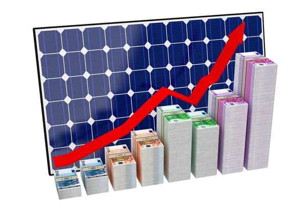 Panel Solar Gráficos Barras Hechos Billetes Euros Renderizado — Foto de Stock