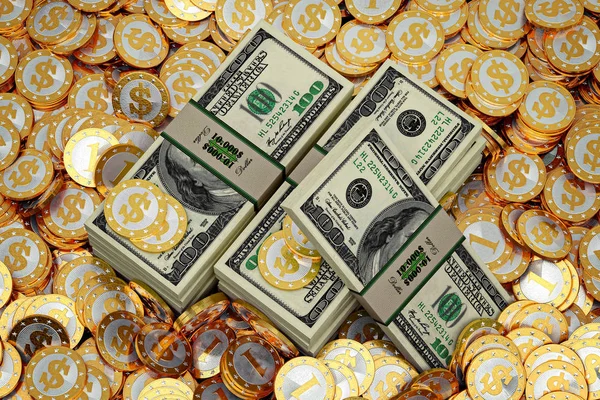 Billetes Dólar Monedas Oro Con Símbolo Dólar — Foto de Stock