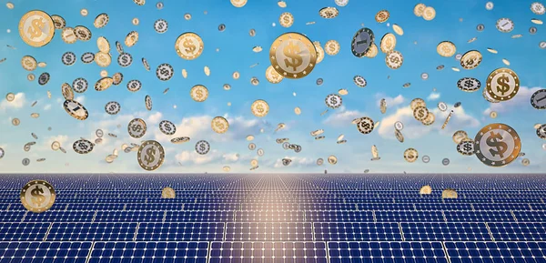 Paneles Solares Monedas Dólar Que Caen — Foto de Stock