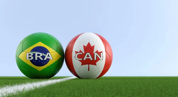 Brazil vs. Canada Soccer Match - Soccer balls in Brazil and Canada national colors on a soccer field. Copy space on the right side - 3D Rendering