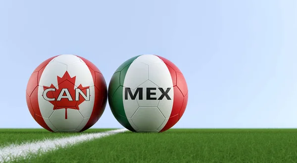 Mexico vs. Canada Soccer Match - Soccer balls in Mexico and Canada national colors on a soccer field. Copy space on the right side - 3D Rendering