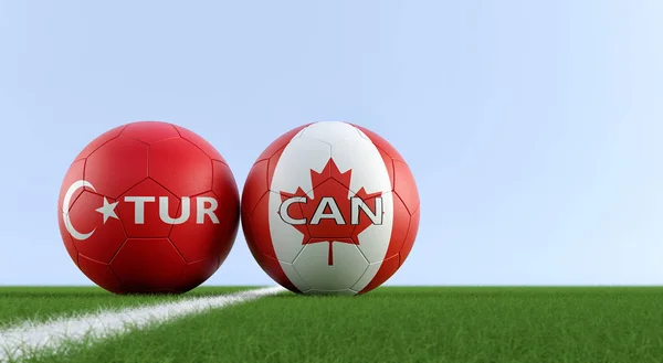 Turkey vs. Canada Soccer Match - Soccer balls in Turkey and Canada national colors on a soccer field. Copy space on the right side - 3D Rendering