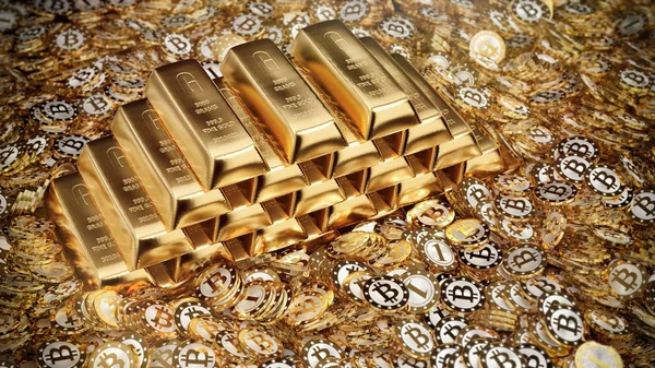 Altın külçeleri ve Bitcoins - 3d Rendering
