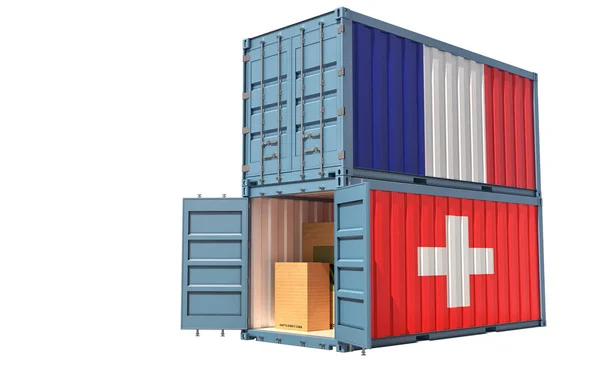 フランスとスイスの旗を持つ2つの貨物コンテナ 白で絶縁 3Dレンダリング — ストック写真