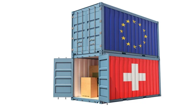 Zwei Frachtcontainer Mit Europäischer Union Und Schweizer Flagge Isoliert Auf — Stockfoto