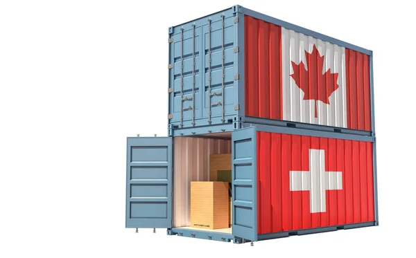 Dos Contenedores Carga Con Canadá Bandera Suiza Aislado Blanco Renderizado —  Fotos de Stock