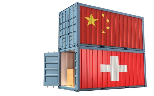 Zwei Frachtcontainer Mit China Und Schweizer Flagge Isoliert Auf Weiß — Stockfoto