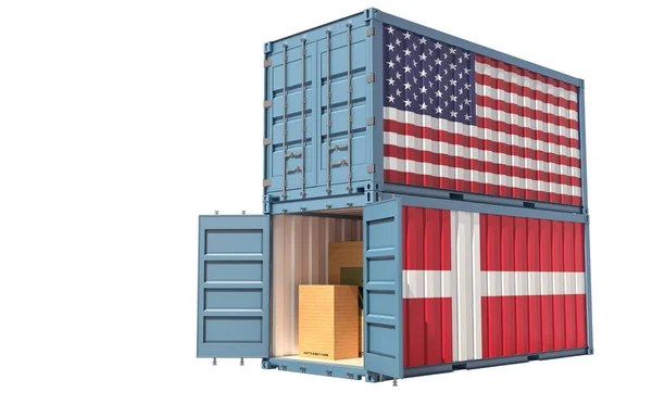 Due Container Con Bandiera Usa Danimarca Isolato Bianco Rendering — Foto Stock