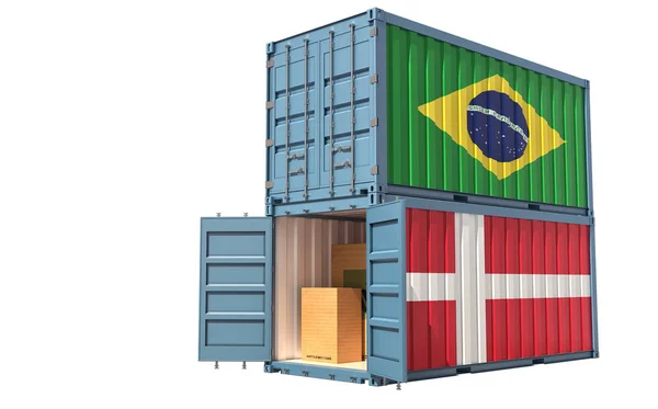 Zwei Frachtcontainer Mit Brasilianischer Und Dänischer Flagge Isoliert Auf Weiß — Stockfoto