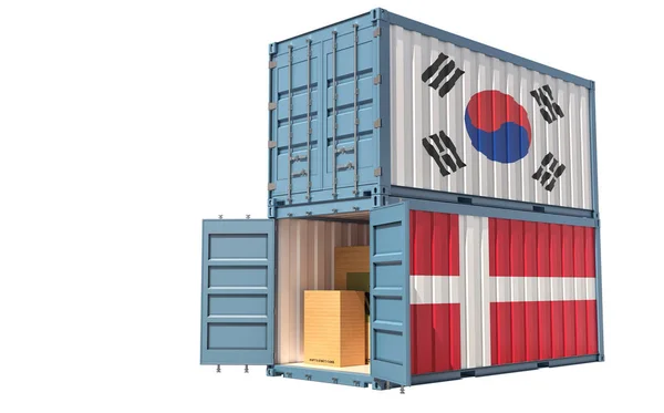 Два Вантажних Контейнери Прапором Південної Кореї Данії Ізольовані Білому Рендерингу — стокове фото