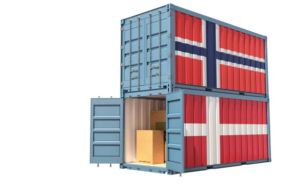 Dos Contenedores Carga Con Bandera Noruega Dinamarca Aislado Blanco Renderizado —  Fotos de Stock