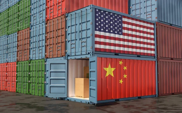 Egy Halom Konténer Amerikai Kínai Zászló Kiolvasztás — Stock Fotó