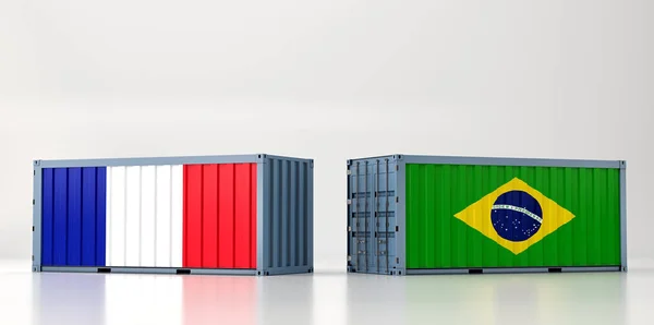 Two Freight Container France Brazil Flag Rendering — Stock Photo, Image
