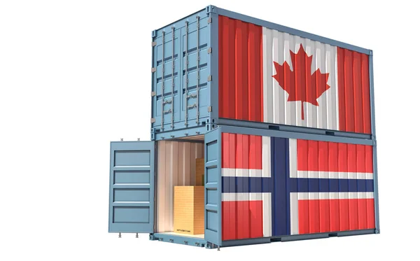 Два Вантажних Контейнери Прапором Канади Норвегії Ізольовані Білому Рендерингу — стокове фото