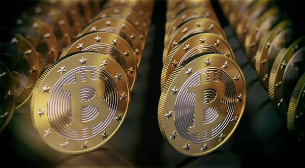 Wiersze Złote Bitcoiny Błyszczącym Czarnym Podziemiu Rendering — Zdjęcie stockowe