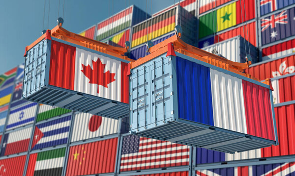 Freight containers on a Terminal with Canada and France flag. 3D Rendering 