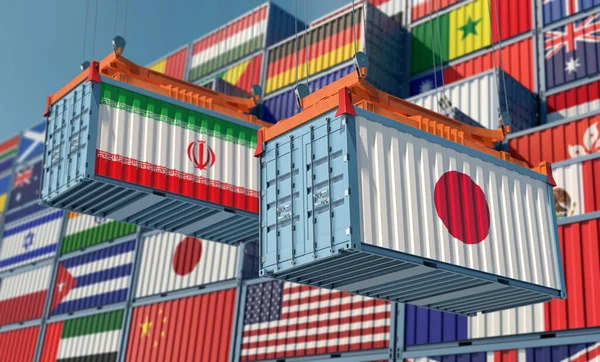 イランと日本の旗が付いたターミナルの貨物コンテナ 3Dレンダリング — ストック写真