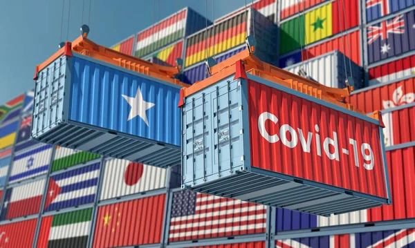 側のコロナウイルスCovid 19テキストとソマリアの旗のコンテナでコンテナ コロナウイルスを広める国際貿易の概念 3Dレンダリング — ストック写真