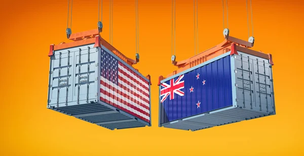 Freight containers with USA and New Zealand flag. 3D Rendering