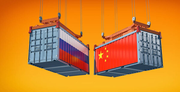 Freight containers with Russia and China flag. 3D Rendering 