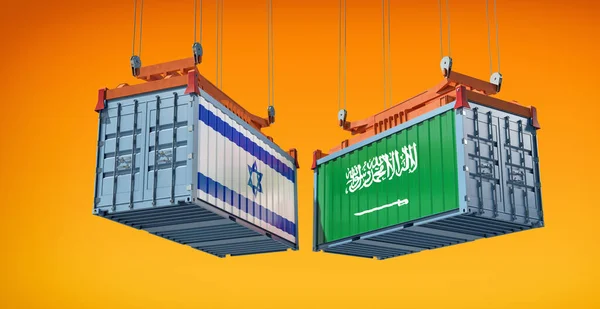 サウジアラビアとイスラエルの旗を持つ貨物コンテナ 3Dレンダリング — ストック写真