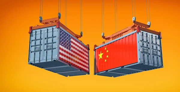 Shipping Containers Usa China National Flags Rendering — Stock Photo, Image