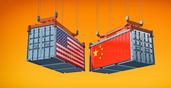 Shipping containers with USA and China national flags. 3D Rendering 