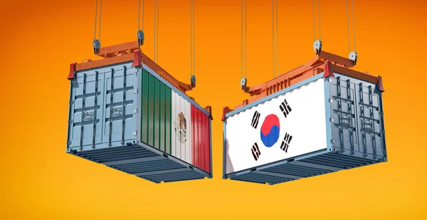 Shipping Containers Mexico South Korea Flags Rendering — Stock Photo, Image