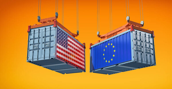 Shipping containers with USA and European Union flags. 3D Rendering 