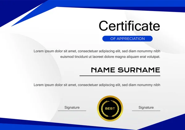 Creative Blue Certificate Achievement Template Gold Badge Vector Design — Stock Vector
