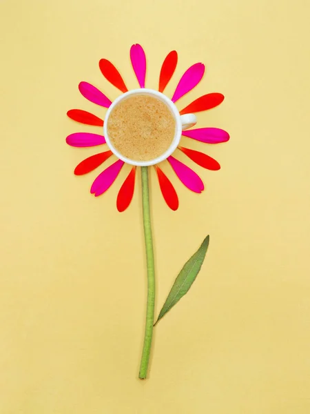 cup of coffee, spring floral background, floral background, coffee background, flowers and a white cup on a yellow background, a cup with petals on a yellow background, a flower and coffee,