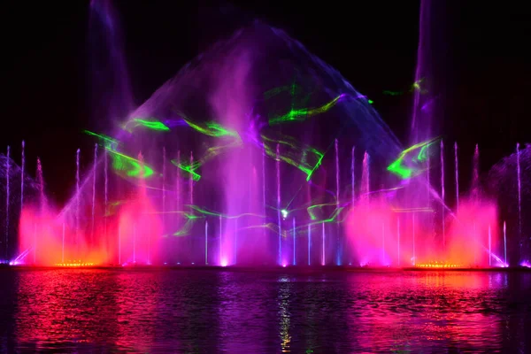 レーザーアニメーション付きの音楽噴水 夜のレーザー噴水ショー Roshen堤防上 Vinnitsaのウクライナの都市 音楽噴水 Rosen Vinnitsa ウクライナ ストック写真