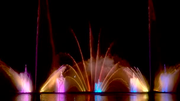 Nachtlaser fontein tonen, op de Roshen dijk, de Oekraïense stad Vinnitsa.Muzikale fontein met laser animaties.Muzikale fontein "Roshen" in Vinnitsa, Oekraïne.Avondshow Roshen fontein. — Stockvideo