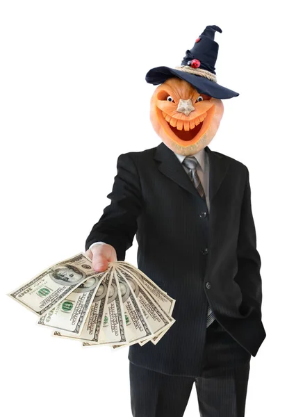 Portrait Man Pumpkin Halloween Instead Head Jack Lantern Black Business — Stock Photo, Image