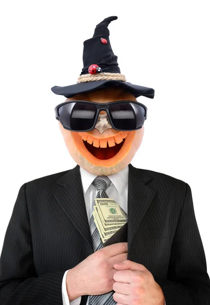 Retrato Hombre Con Calabaza Para Halloween Lugar Cabeza Jack Lantern — Foto de Stock