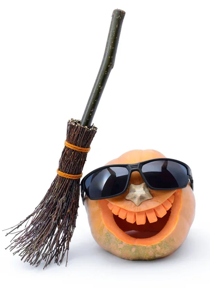 Citrouille Pour Halloween Sculptée Forme Sourire Tête Jack Une Lanterne — Photo