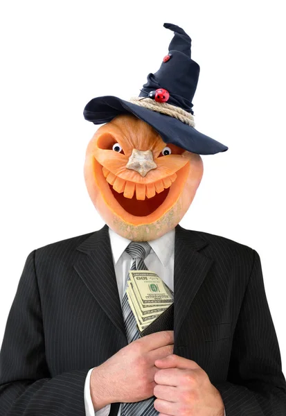 Retrato Hombre Con Calabaza Para Halloween Lugar Cabeza Jack Lantern — Foto de Stock