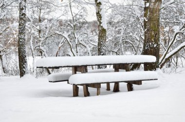 Bir kış akşamında terk edilmiş Park ahşap bir masa