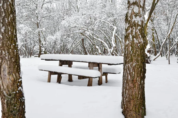 Wooden Table Abandoned Park Winter Evening — Stock Photo, Image