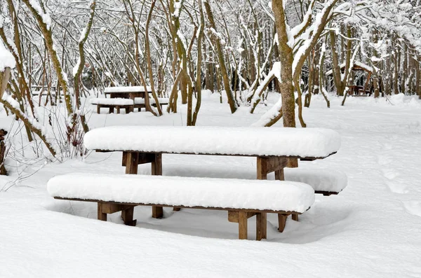 Een Houten Tafel Verlaten Park Een Winteravond — Stockfoto