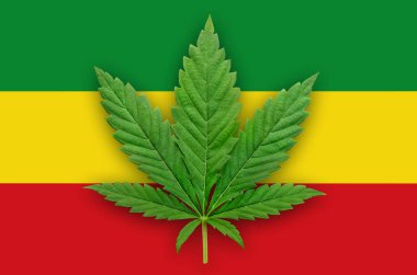 Yeşil-sarı-kırmızı bayrak arka planında kenevir yaprağı. Rastaman bayrağı.