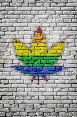 Çok renkli, tuğla duvarda çok renkli kenevir yaprağı. Rastaman bayrağı.