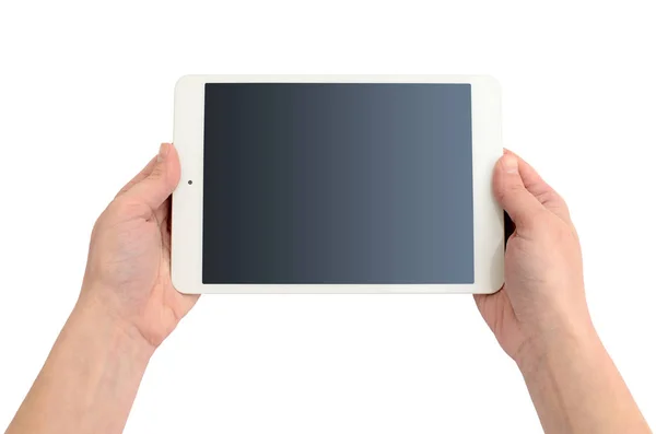 Hands Holding Gadget White Background Tablet Computer Wireless Device — Stock Photo, Image