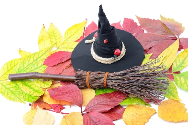 Witch Hat Broom Autumn Leaves — Stock Photo, Image