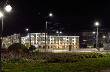 Gece şehrinin binaları ve sokakları. Gece şehir ışıkları.