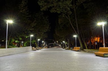 Gece şehrinin sokakları, parkları ve meydanları. Gece şehir ışıkları.