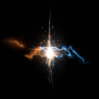 İki yumruk birbirlerine karanlık vuruyorlar, yakın çekim. Vs elektrik enerji ateş. İzole