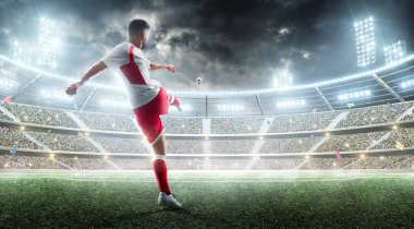 Futbol hareketi. Profesyonel futbolcu fanlar ve bayraklar ile gece Futbol stadyumunda bir top atıyor. 3D futbol arka plan
