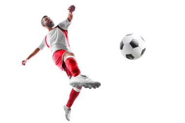 Futbol. Profesyonel futbolcu eylem. Beyaz arka planda yalıtılmış