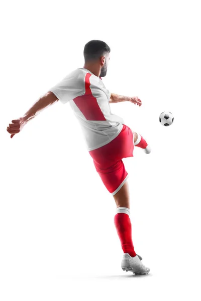 Futbol. Profesyonel futbolcu eylem. Arka görünüm. Beyaz arka planda yalıtılmış